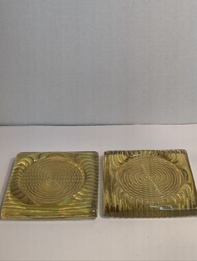 2 Vintage Art Deco Yellow /Gold Glass Coasters.  Very Usual Very Heavy.